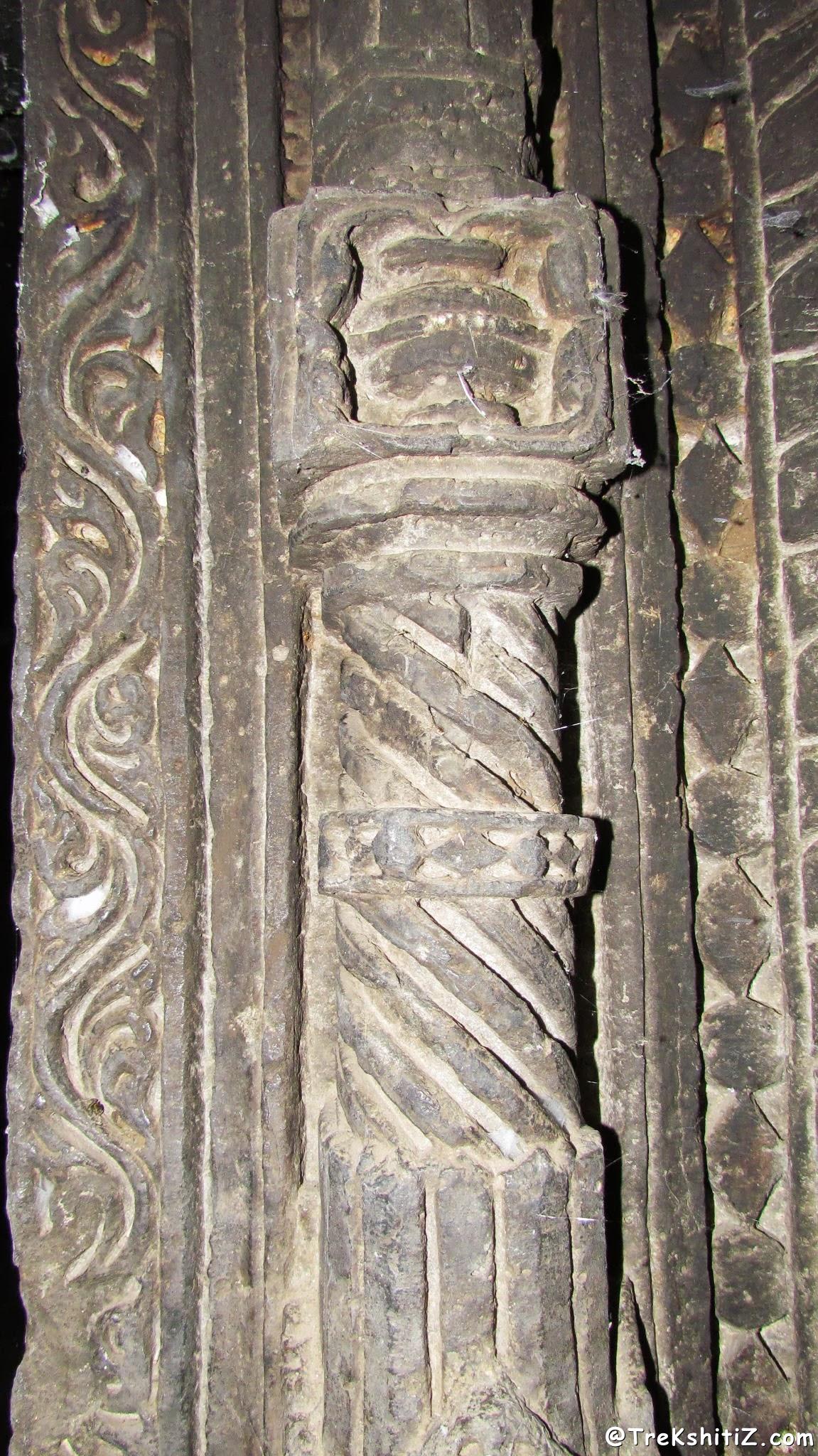 Carved Pillar at the entrance of cave (sabhamandap) Shrungar Chavadi caves, Kanhergad, Chalisgaon
